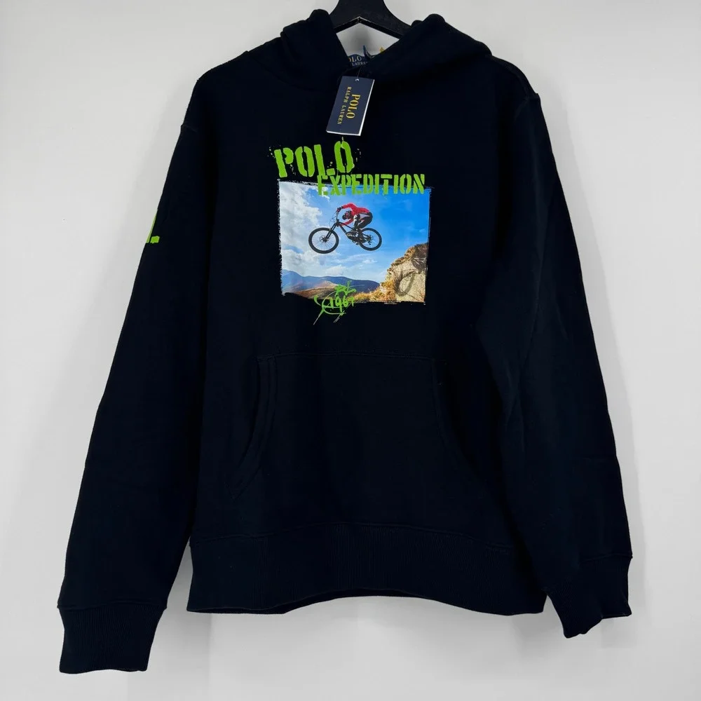 Polo Ralph Lauren Mens Expedition Mountain Bike Graphic Hoodie Black Large NEW